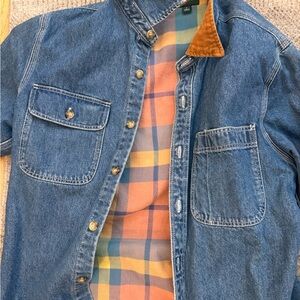 J. Crew Denim Shirt Jacket with Plaid Interior